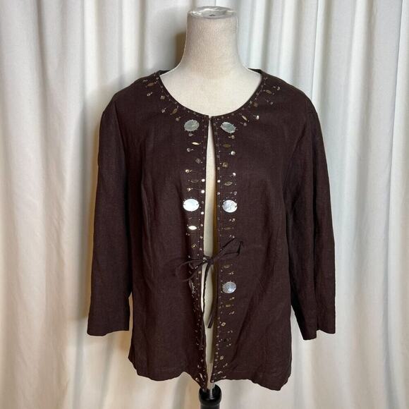 Versailles Open Front Beaded Jacket Seashell Sequin Linen Blend Women's 22W Euro - Picture 2 of 10